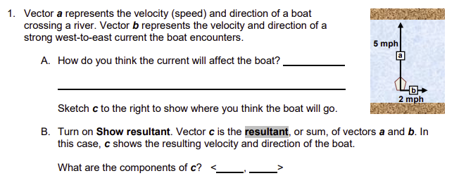 1. Vector a represents the velocity (speed) and direction of a boat
crossing a river. Vector b represents the velocity and direction of a
strong west-to-east current the boat encounters.
A. How do you think the current will affect the boat?
5 mph
нь-
2 mph
Sketch c to the right to show where you think the boat will go.
B. Turn on Show resultant. Vector c is the resultant, or sum, of vectors a and b. In
this case, c shows the resulting velocity and direction of the boat.
What are the components of c?