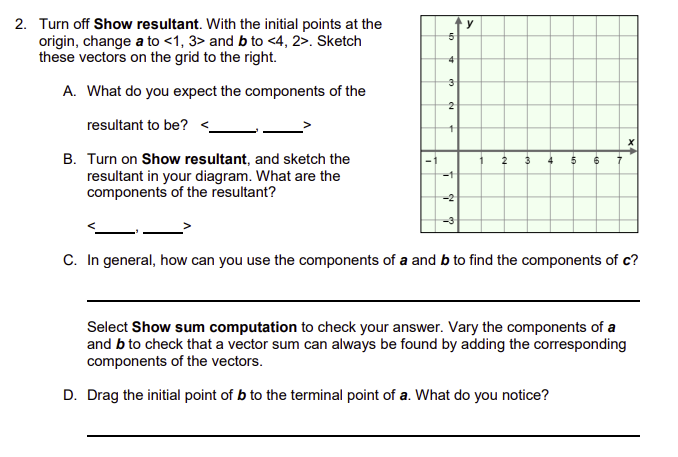 2. Turn off Show resultant. With the initial points at the
origin, change a to <1, 3> and b to <4, 2>. Sketch
these vectors on the grid to the right.
A. What do you expect the components of the
resultant to be?
B. Turn on Show resultant, and sketch the
resultant in your diagram. What are the
components of the resultant?
5
4
3
2
y
1
-1
-2
C. In general, how can you use the components of a and b to find the components of c?
Select Show sum computation to check your answer. Vary the components of a
and b to check that a vector sum can always be found by adding the corresponding
components of the vectors.
D. Drag the initial point of b to the terminal point of a. What do you notice?