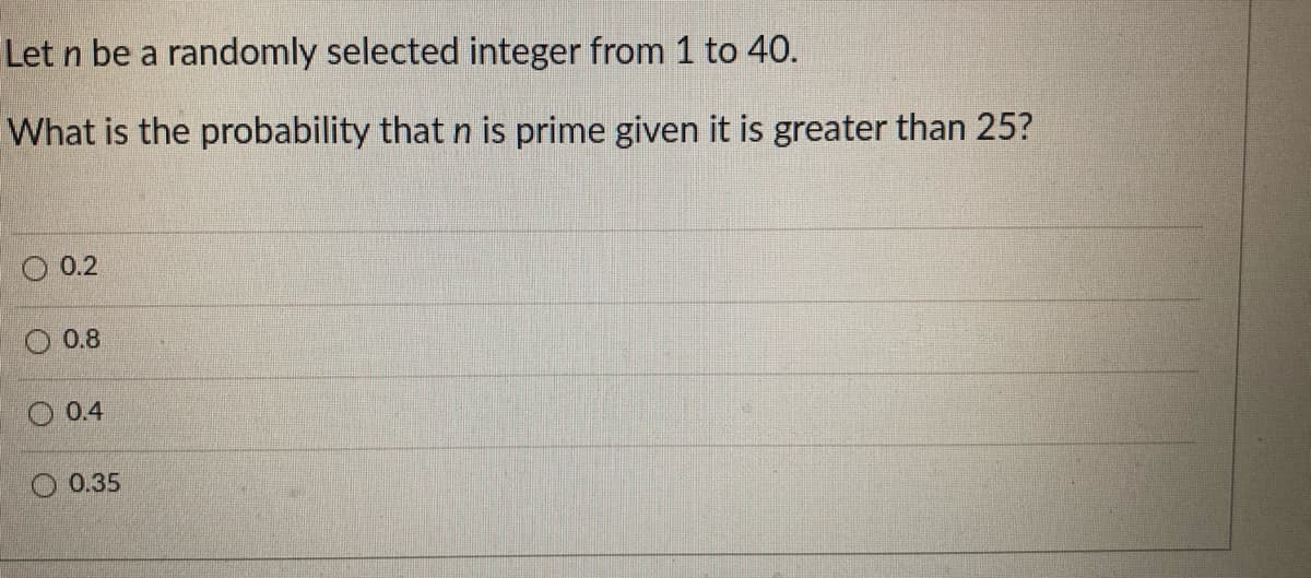 Let n be a randomly selected integer from 1 to 40.
What is the probability that n is prime given it is greater than 25?
O 0.2
0.8
O 0.4
O 0.35
