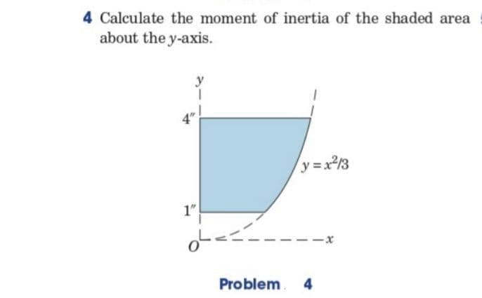 4 Calculate the moment of inertia of the shaded area
about the y-axis.
y =x2/3
1"
--x
Problem
4
