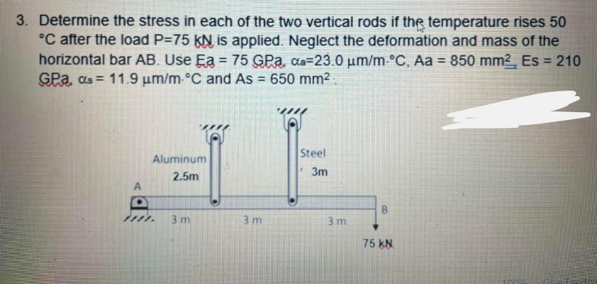 3. Determine the stress in each of the two vertical rods if the temperature rises 50
°C after the load P=75 KN is applied. Neglect the deformation and mass of the
horizontal bar AB. Use Ea = 75 GPa, as=23.0 um/m-°C, Aa = 850 mm2 Es = 210
GPa, as = 11.9 um/m-°C and As = 650 mm² .
%3D
%3D
Steel
Aluminum
3m
2.5m
3 m
3 m
3 m
75 KN
