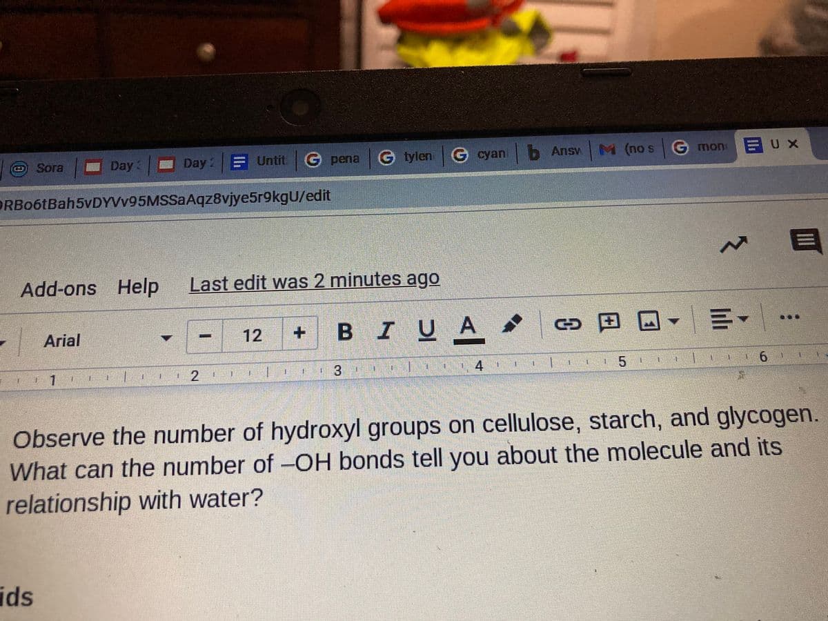 E Untit G pena
G tylen G cyan b AnswM (no s Gmon EUX
Sora
Day Day
ORBO6tBah5vDYVv95MSSaAqz8vjye5r9kgU/edit
目
Add-ons Help
Last edit was 2 minutes ago
...
BIUA
5田回
Arial
12
6.
4.
5
1
2
Observe the number of hydroxyl groups on cellulose, starch, and glycogen.
What can the number of -OH bonds tell you about the molecule and its
relationship with water?
ids
