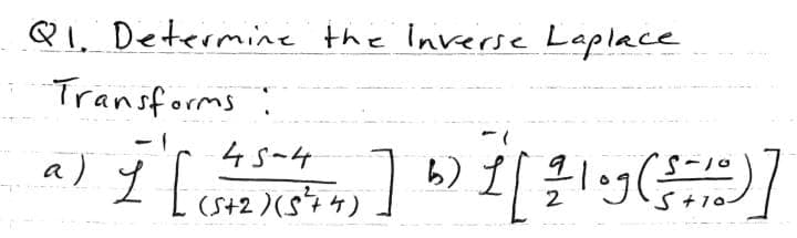 Q1. Determine the Inverse Laplace
Transforms:
45-4
9
S-
a) I [ (425) (5²7
(5+2) (5²44) ] b) 1 [ 2²log (5=10)]
S+10-