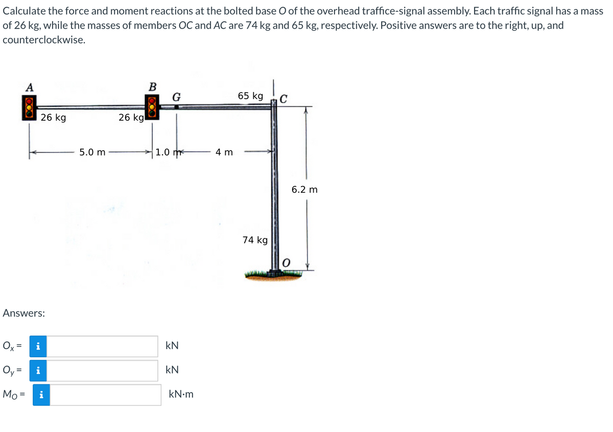 Calculate the force and moment reactions at the bolted base O of the overhead traffice-signal assembly. Each traffic signal has a mass
of 26 kg, while the masses of members OC and AC are 74 kg and 65 kg, respectively. Positive answers are to the right, up, and
counterclockwise.
Ox=
A
Answers:
II
26 kg
Oy =
Mo=
5.0 m
26 kg
B
G
1.0 m
kN
KN
kN.m
4 m
65 kg
74 kg
C
6.2 m