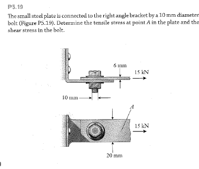 P5. 19
The small steel plate is connected to the right angle bracket by a 10 mm diameter
bolt (Figure P5.19). Determine the tensile stress at point A in the plate and the
shear stress in the bolt.
6 mm
15 kN
10 mm
15 kN
20 mm
