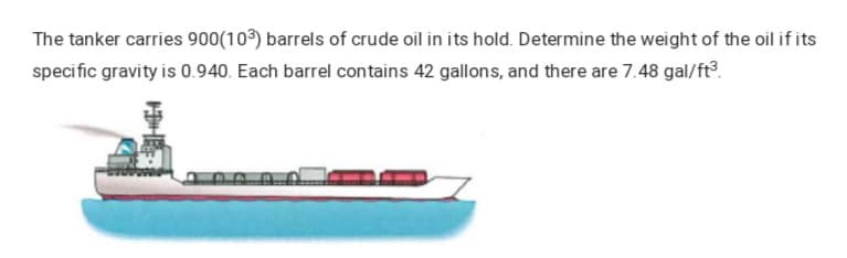 The tanker carries 900(103) barrels of crude oil in its hold. Determine the weight of the oil if its
specific gravity is 0.940. Each barrel contains 42 gallons, and there are 7.48 gal/ft.
