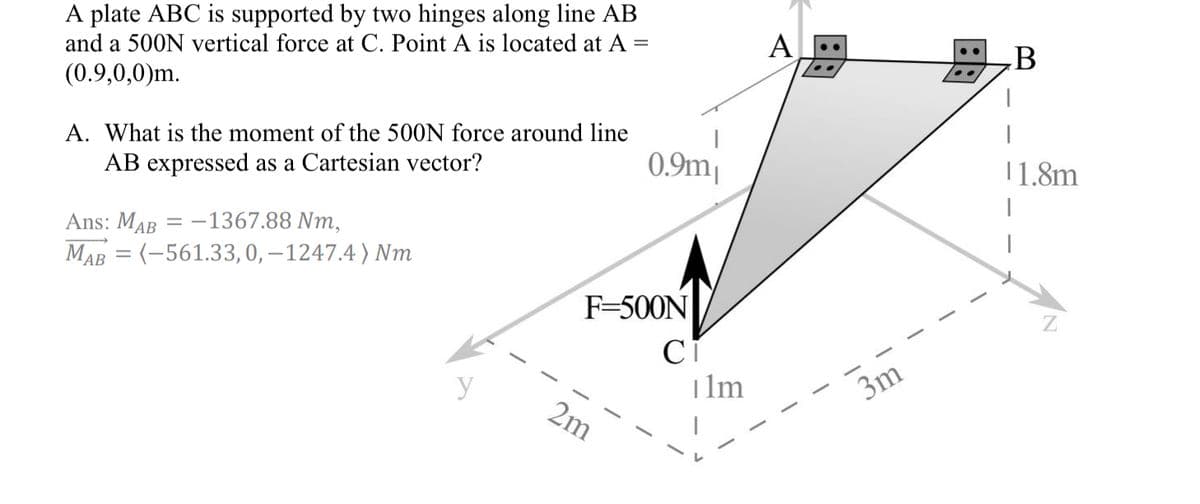 A plate ABC is supported by two hinges along line AB
and a 500N vertical force at C. Point A is located at A
(0.9,0,0)m.
=
A. What is the moment of the 500N force around line
AB expressed as a Cartesian vector?
Ans: MAB = -1367.88 Nm,
MAB=(-561.33, 0, -1247.4) Nm
y
0.9m₁
F-500N
2m
Ci
ilm
A
3m
B
11.8m