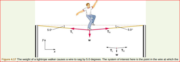 5.0°
5.0°
т.
У
TA
Figure 4.17 The weight of a tightrope walker causes a wire to sag by 5.0 degrees. The system of interest here is the point in the wire at which the

