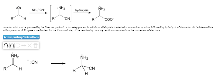 :0:
NH, CN"
:NH2
NH3
hydrolysis
H.
CN
R
a-amino acids can be prepared by the Strecker synthesis, a two-step process in which an aldehyde is treated with ammonium cyanide, followed by hydrolysis of the amino nitrile intermediate
with aqueous acid. Propose a mechanism for the illustrated step of the reaction by drawing rezction arrows to show the movement of electrons.
Arrow-pushing Instructions
NH2
NH2
:CN
R
R
CN
