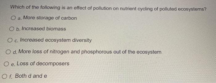Which of the following is an effect of pollution on nutrient cycling of polluted ecosystems?
O a. More storage of carbon
O b. Increased biomass
Oc. Increased ecosystem diversity
O d. More loss of nitrogen and phosphorous out of the ecosystem
O e. Loss of decomposers
O f. Both d and e