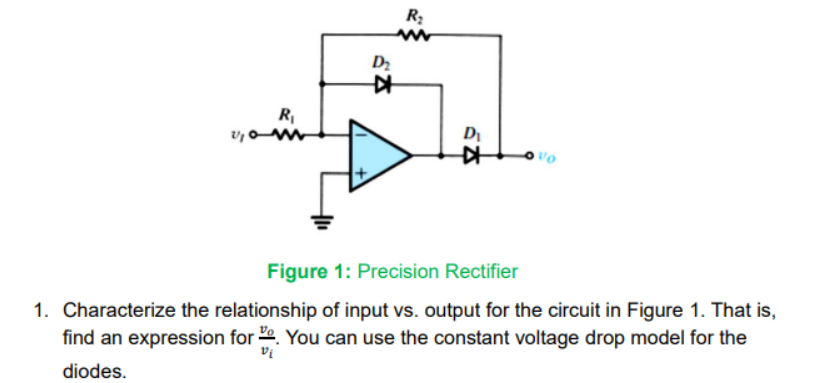 R₁
2,0m
D₂
$2.5
R₂
www
D₁
☆
Vo
Figure 1: Precision Rectifier
1. Characterize the relationship of input vs. output for the circuit in Figure 1. That is,
find an expression for . You can use the constant voltage drop model for the
diodes.
Vi
