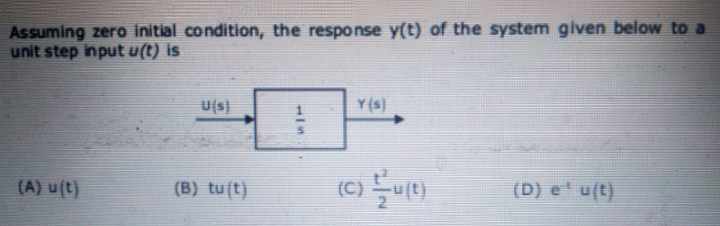 Assuming zero initial condition, the response y(t) of the system given below to a
unit step input u(t) is
U(s)
Y (s)
(A) u(t)
(B) tu(t)
(D) e' u(t)
117
