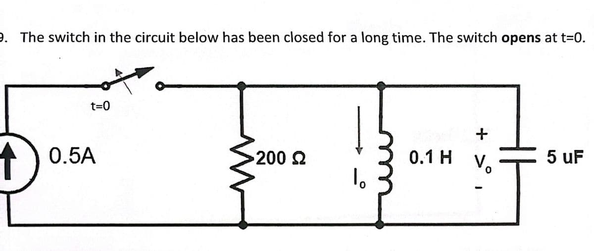 9. The switch in the circuit below has been closed for a long time. The switch opens at t=0.
t=0
10.5A
>200 Ω
1。
0.1 H
+
5 uF