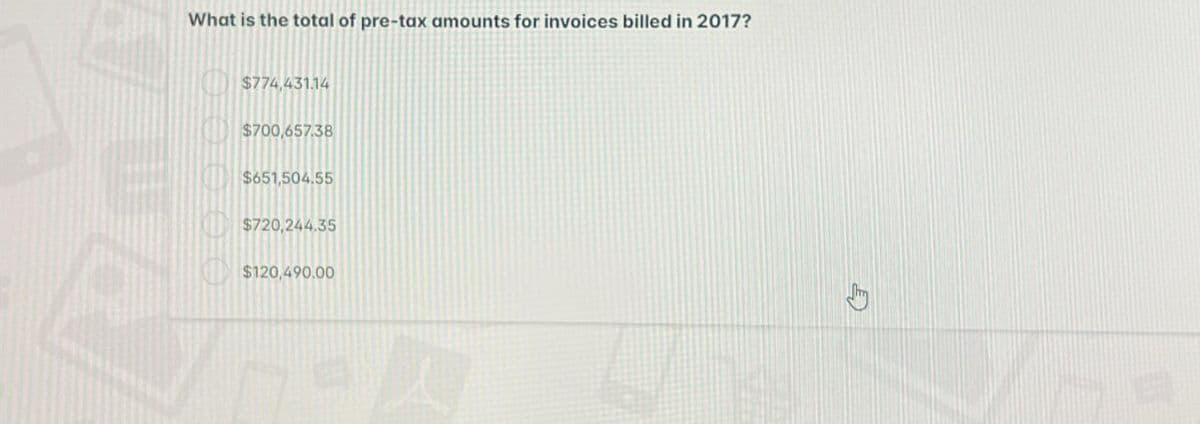 What is the total of pre-tax amounts for invoices billed in 2017?
$774,431.14
$700,657.38
$651,504.55
$720,244.35
$120,490.00
D