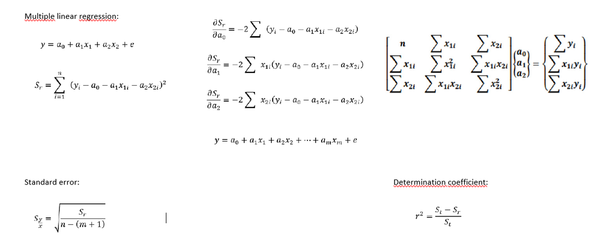 Multiple linear regression:
y = ao + αι*1 + azXz + e
Τ
s, = Σ wi-ao-a1x1 - 0272)
i=1
Standard error:
Sy =
S,
n – (m + 1)
dS,
λαο
asr
θαι
as,
dan
= -2
Σ
Oi - ad - arxai - antzi)
2Σ xaily; - ag
= -2
a1x1; – €2X2;)
22 x26; - an – anti - A2821)
y = do + arxi tantz tit am*m te
*1
X21
Στι
(ao)
Σχει Σχει Σχεσει {0}= Σκινι
Σχει Σκοτ Σχει
Σχεινε)
n
Determination coefficient:
12
St - S
St