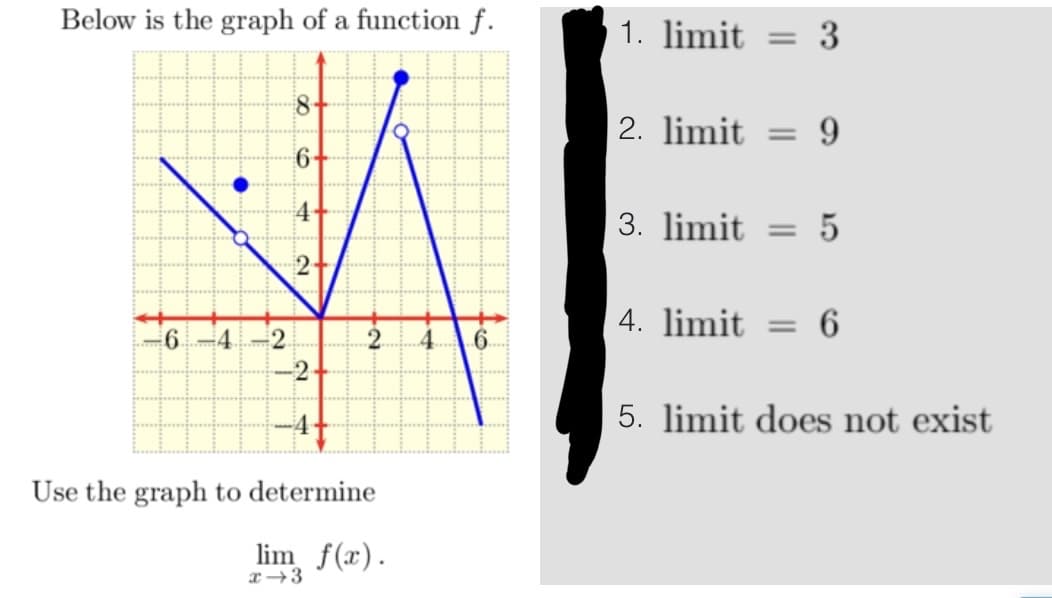Below is the graph of a function f.
6-4
2
6-
2
-2-
2 4
Use the graph to determine
lim f(x).
x
6
1. limit = 3
2. limit = 9
3. limit= 5
4. limit = 6
5. limit does not exist