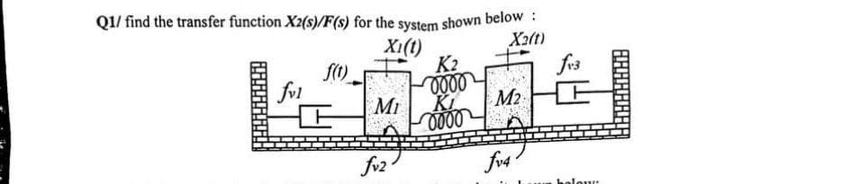 Q1/ find the transfer function X2(s)/F(s) for the system shown below :
Xı(t)
X2(t)
fvl
f(t)
Mi
fv2.
K2
0000
Ki
0000
M₂
fv4
C
holow