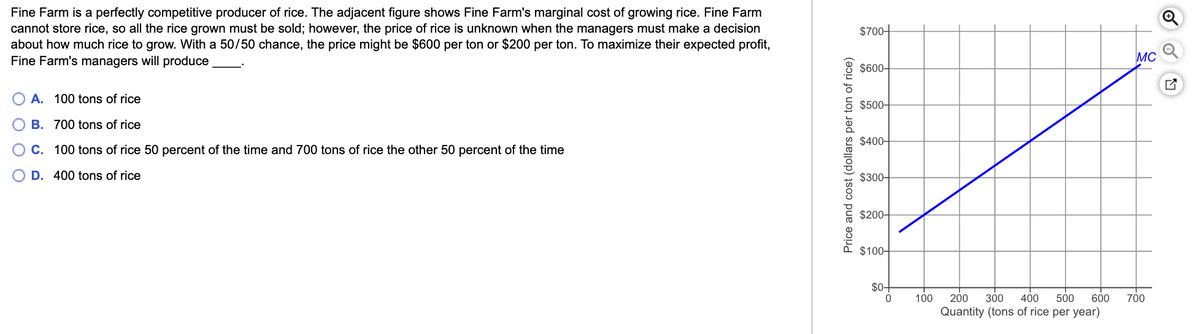 Fine Farm is a perfectly competitive producer of rice. The adjacent figure shows Fine Farm's marginal cost of growing rice. Fine Farm
cannot store rice, so all the rice grown must be sold; however, the price of rice is unknown when the managers must make a decision
about how much rice to grow. With a 50/50 chance, the price might be $600 per ton or $200 per ton. To maximize their expected profit,
Fine Farm's managers will produce
A. 100 tons of rice
B. 700 tons of rice
○ C. 100 tons of rice 50 percent of the time and 700 tons of rice the other 50 percent of the time
OD. 400 tons of rice
Price and cost (dollars per ton of rice)
$700+
$600-
$500-
$400-
$300-
$200-
$100-
$0+
0
100
200 300 400 500 600 700
Quantity (tons of rice per year)
MC
Q
☑