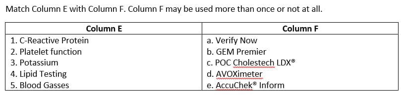 Match Column E with Column F. Column F may be used more than once or not at all.
Column E
Column F
1. C-Reactive Protein
a. Verify Now
2. Platelet function
b. GEM Premier
3. Potassium
c. POC Cholestech LDX®
4. Lipid Testing
d. AVOXimeter
5. Blood Gasses
e. AccuChek® Inform
