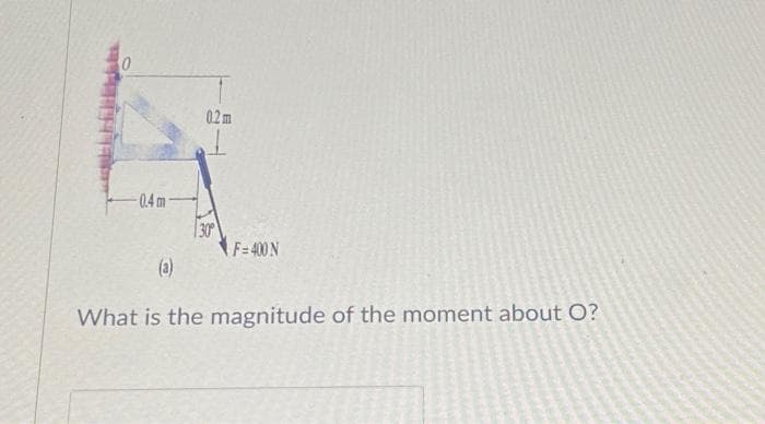 -0.4m
0.2 m
30°
F=400 N
(a)
What is the magnitude of the moment about O?