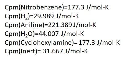Cpm(Nitrobenzene)=177.3 J/mol-K
Cpm(H2)=29.989 J/mol-K
Cpm(Aniline)=221.389 J/mol-K
Cpm(H,O)=44.007 J/mol-K
Cpm(Cyclohexylamine)= 177.3 J/mol-K
Cpm(Inert)= 31.667 J/mol-K
