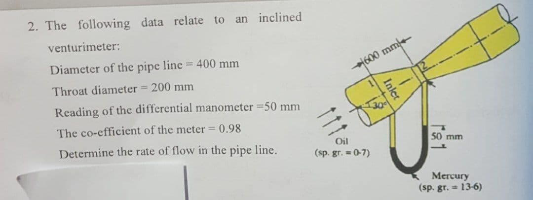 2. The following data relate to an inclined
venturimeter:
Diameter of the pipe line = 400 mm
600 mm
Throat diameter 200 mm
Reading of the differential manometer 50 mm
The co-efficient of the meter 0.98
Determine the rate of flow in the pipe line.
Oil
50 mm
(sp. gr. = 0-7)
Mercury
(sp. gr. = 13-6)
Inlet
