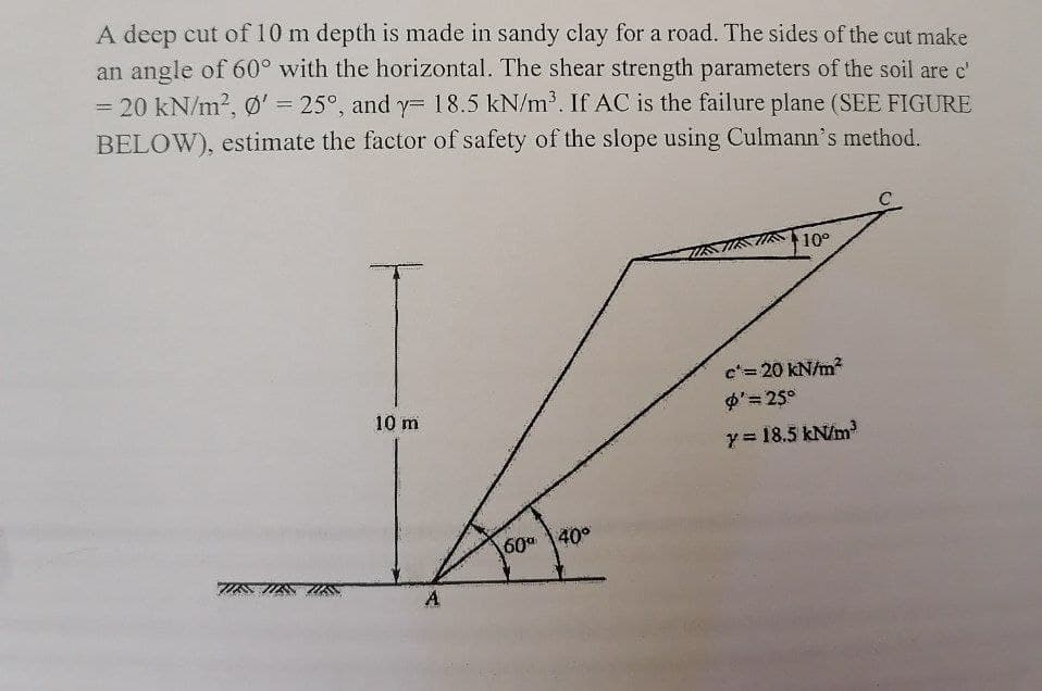 A deep cut of 10 m depth is made in sandy clay for a road. The sides of the cut make
an angle of 60° with the horizontal. The shear strength parameters of the soil are c'
= 20 kN/m², Ø' = 25°, and y= 18.5 kN/m³. If AC is the failure plane (SEE FIGURE
BELOW), estimate the factor of safety of the slope using Culmann's method.
10 m
60⁰ 40⁰
10°
c²= 20 kN/m²
p' = 25°
y = 18.5 kN/m³