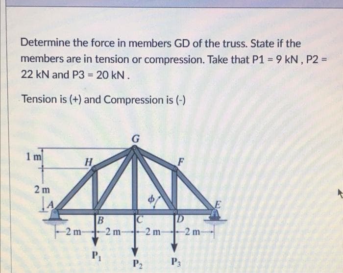 Determine the force in members GD of the truss. State if the
members are in tension or compression. Take that P1 = 9 kN, P2 =
22 kN and P3 = 20 kN.
Tension is (+) and Compression is (-)
1 m
2m
H
G
F
B
|С
2m2 m2 m2 m-
P₁
P₂
P3