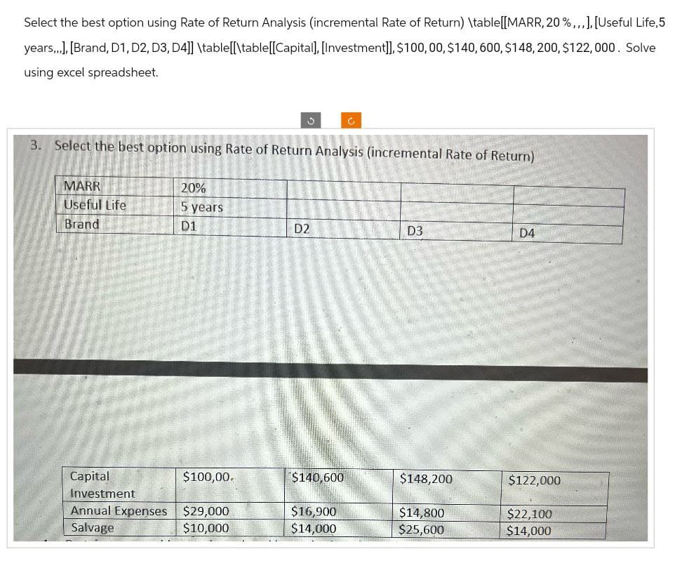 Select the best option using Rate of Return Analysis (incremental Rate of Return) \table[[MARR, 20%,,,], [Useful Life, 5
years,,,], [Brand, D1, D2, D3, D4]] \table[[\table[[Capital], [Investment]], $100,00, $140, 600, $148, 200, $122,000. Solve
using excel spreadsheet.
ف
c
3. Select the best option using Rate of Return Analysis (incremental Rate of Return)
MARR
Useful Life
Brand
20%
5 years
D1
D2
D3
D4
Capital
$100,00.
$140,600
$148,200
$122,000
Investment
Annual Expenses $29,000
$16,900
$14,800
$22,100
Salvage
$10,000
$14,000
$25,600
$14,000