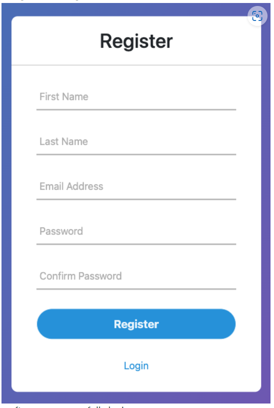 First Name
Last Name
Register
Email Address
Password
Confirm Password
Register
Login