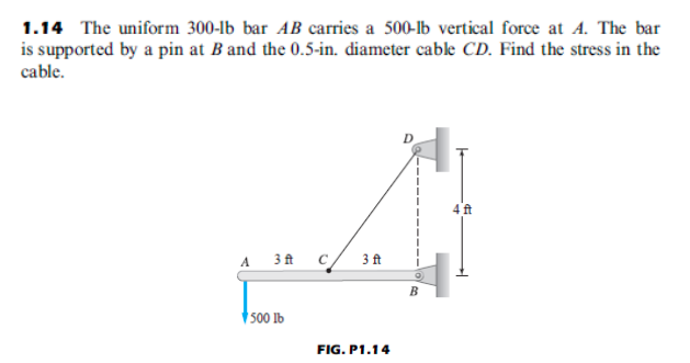 1.14 The uniform 300-lb bar AB carries a 500-lb vertical force at A. The bar
is supported by a pin at B and the 0.5-in, diameter cable CD. Find the stress in the
cable.
3 ft
c
3 ft
B
500 Ib
FIG. P1.14
en
