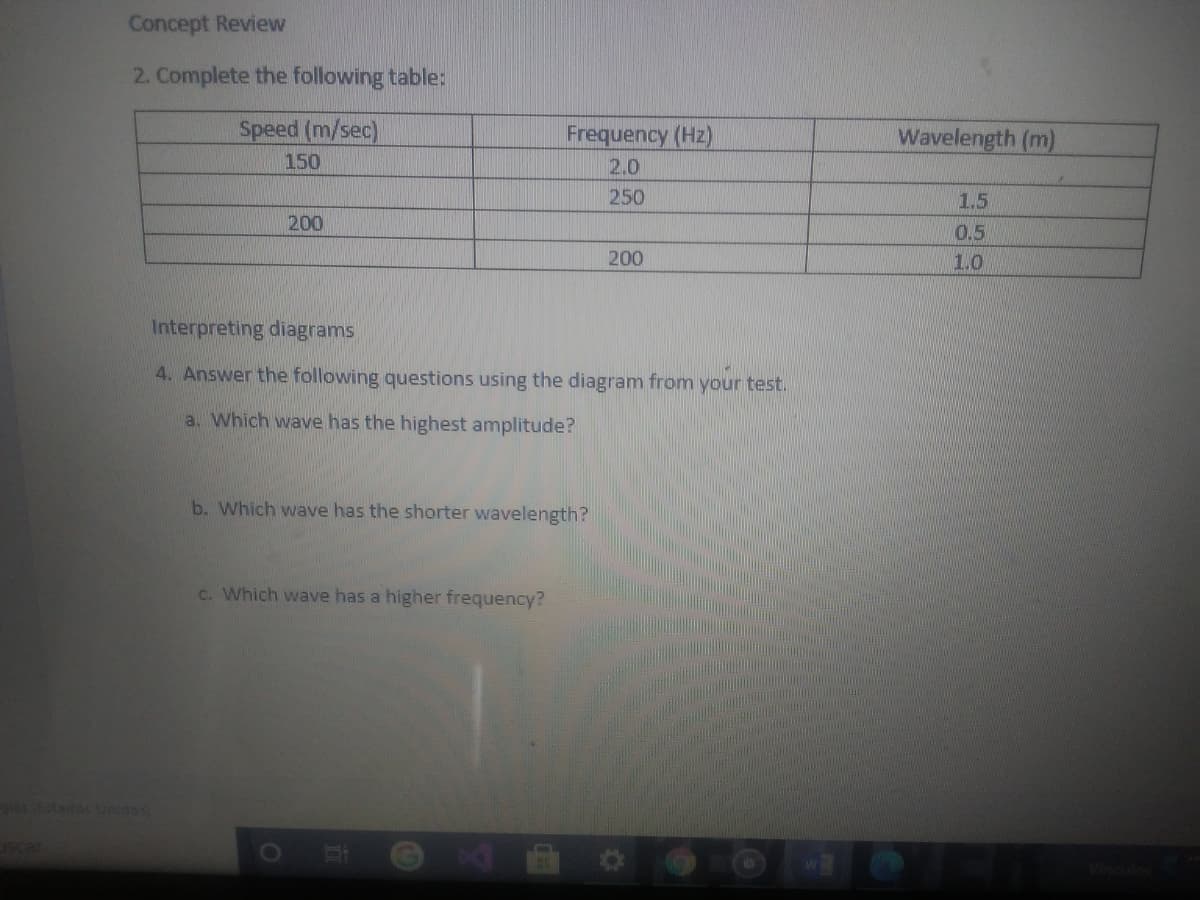 Concept Review
2. Complete the following table:
Speed (m/sec)
Frequency (Hz)
Wavelength (m)
150
2.0
250
1.5
200
0.5
200
1.0
Interpreting diagrams
4. Answer the following questions using the diagram from your test.
a. Which wave has the highest amplitude?
b. Which wave has the shorter wavelength?
C. Which wave has a higher frequency?
gier Estados Unidos
scar
