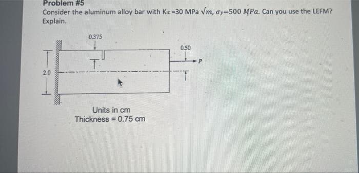 Problem #5
Consider the aluminum alloy bar with Kic=30 MPa vm, ay=500 MPa. Can you use the LEFM?
Explain.
0.375
0.50
P
2.0
1.
Units in cm
Thickness = 0.75 cm
