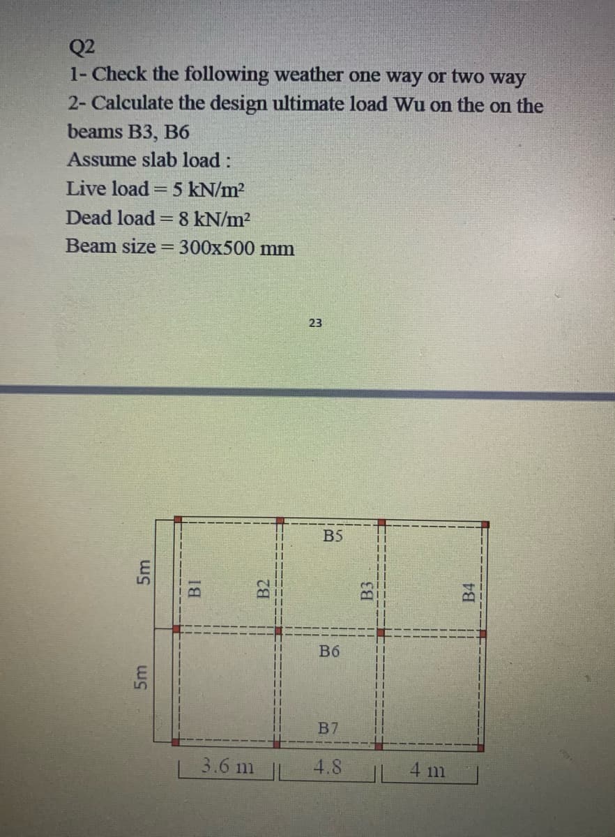 Q2
1- Check the following weather one way or two way
2- Calculate the design ultimate load Wu on the on the
beams B3, B6
Assume slab load:
Live load = 5 kN/m2
Dead load = 8 kN/m?
Beam size
300x500 mm
%3D
B5
B6
B7
3.6 m |L
4.8
4 m
5m
5m
BI
B2
B4
