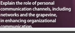 Explain the role of personal
communication channels, including
networks and the grapevine,
in enhancing organizational
communication.
