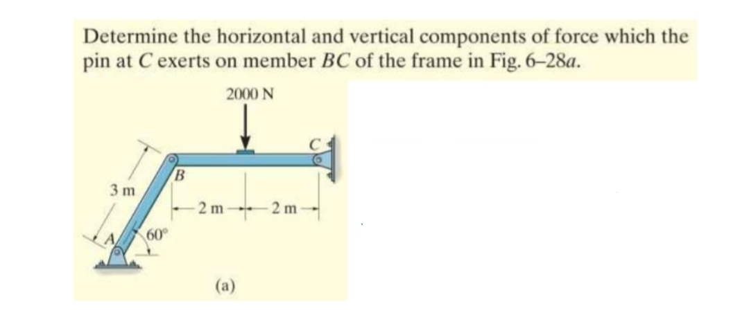 Determine the horizontal and vertical components of force which the
pin at C exerts on member BC of the frame in Fig. 6-28a.
2000 N
3m
60°
B
2m-
(a)
2 m