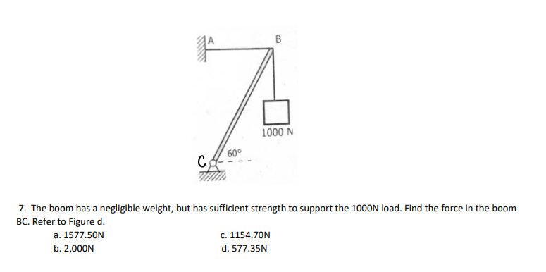B
1000 N
60°
C
7. The boom has a negligible weight, but has sufficient strength to support the 1000N load. Find the force in the boom
BC. Refer to Figure d.
a. 1577.50N
c. 1154.70N
b. 2,000N
d. 577.35N
