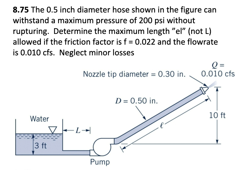 8.75 The 0.5 inch diameter hose shown in the figure can
withstand a maximum pressure of 200 psi without
rupturing. Determine the maximum length "el" (not L)
allowed if the friction factor is f = 0.022 and the flowrate
is 0.010 cfs. Neglect minor losses
Water
▼
3 ft
Nozzle tip diameter = 0.30 in.
LA
Pump
D = 0.50 in.
Q=
0.010 cfs
10 ft