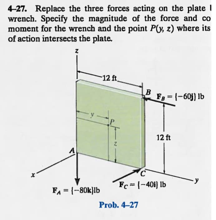 4-27. Replace the three forces acting on the plate 1
wrench. Specify the magnitude of the force and co
moment for the wrench and the point P(y, z) where its
of action intersects the plate.
Z
x
A
FA = {-80k}lb
12 ft.
Z
B
Prob. 4-27
FB=(-60j] lb
12 ft
C
Fc-40i) lb