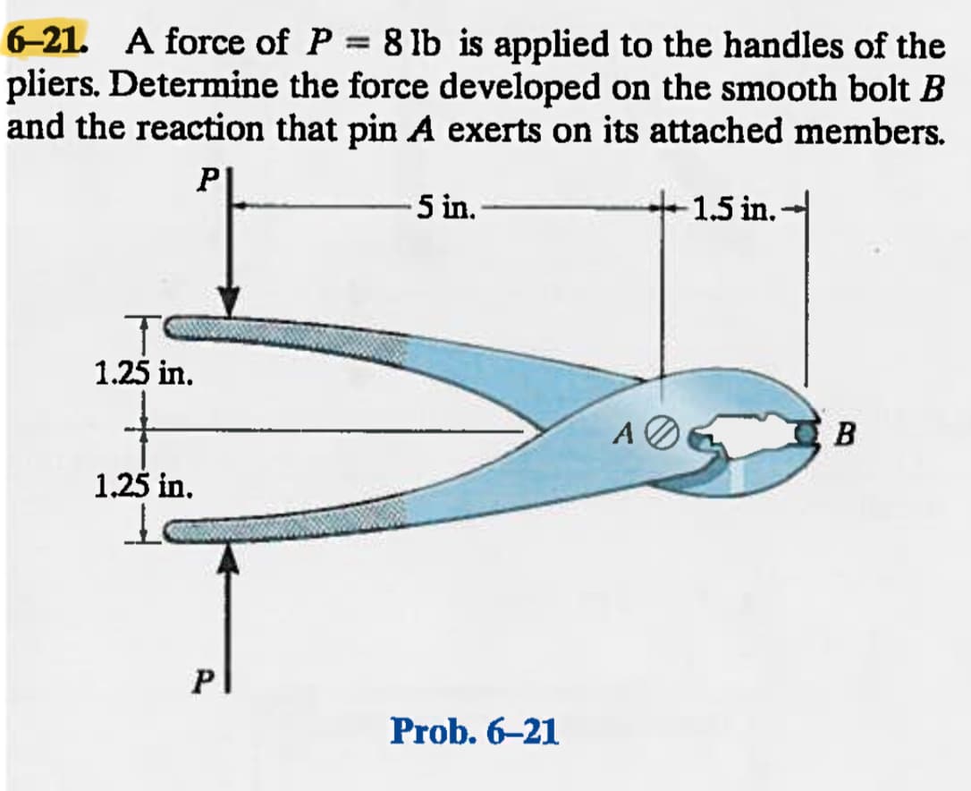 6-21. A force of P = 8 lb is applied to the handles of the
pliers. Determine the force developed on the smooth bolt B
and the reaction that pin A exerts on its attached members.
P
-5 in.
+1.5 in.-
1.25 in.
1.25 in.
P
Prob. 6-21
A
B