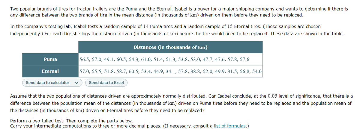 Two popular brands of tires for tractor-trailers are the Puma and the Eternal. Isabel is a buyer for a major shipping company and wants to determine if there is
any difference between the two brands of tire in the mean distance (in thousands of km) driven on them before they need to be replaced.
In the company's testing lab, Isabel tests a random sample of 14 Puma tires and a random sample of 15 Eternal tires. (These samples are chosen
independently.) For each tire she logs the distance driven (in thousands of km) before the tire would need to be replaced. These data are shown in the table.
Distances (in thousands of km)
Puma
56.5, 57.0, 49.1, 60.5, 54.3, 61.0, 51.4, 51.3, 53.8, 53.0, 47.7, 47.6, 57.8, 57.6
Eternal
57.0, 55.5, 51.8, 58.7, 60.5, 53.4, 44.9, 34.1, 57.8, 38.8, 52.0, 49.9, 31.5, 56.8, 54.0
Send data to calculator
Send data to Excel
Assume that the two populations of distances driven are approximately normally distributed. Can Isabel conclude, at the 0.05 level of significance, that there is a
difference between the population mean of the distances (in thousands of km) driven on Puma tires before they need to be replaced and the population mean of
the distances (in thousands of km) driven on Eternal tires before they need to be replaced?
Perform a two-tailed test. Then complete the parts below.
Carry your intermediate computations to three or more decimal places. (If necessary, consult a list of formulas.)
