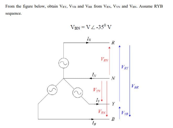 From the figure below, obtain VRY, VYB and VBR from VRN, VYN and VBN. Assume RYB
sequence.
VBN = VL-35°v
IR
VRN
VRY
IN
V BR
VYN
Iy
Y
VEN
VYB
B
