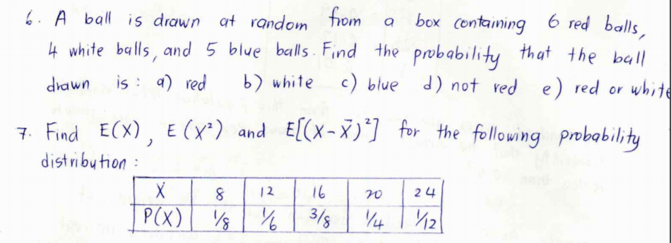 box Containing 6 red balls,
6. A ball is drawn at random
from
4 white balls, and 5 blue balls. Find the probability that the ball
drawn
is : a) red
b) white
c) blue d) not red e) red or white
7. Find E(X), E (x') and E[(X-X)] for the following probability
distribution:
12
16
24
20
P(X) %
Y3/8
