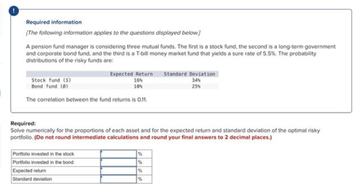 Required information
[The following information applies to the questions displayed below.]
A pension fund manager is considering three mutual funds. The first is a stock fund, the second is a long-term government
and corporate bond fund, and the third is a T-bill money market fund that yields a sure rate of 5.5%. The probability
distributions of the risky funds are:
Expected Return Standard deviation
Stock fund (S)
16%
Bond fund (8)
10%
The correlation between the fund returns is 0.11.
Required:
Solve numerically for the proportions of each asset and for the expected return and standard deviation of the optimal risky
portfolio. (Do not round intermediate calculations and round your final answers to 2 decimal places.)
Portfolio invested in the stock
Portfolio invested in the bond
Expected return
Standard deviation
34%
25%
%
%
%
%