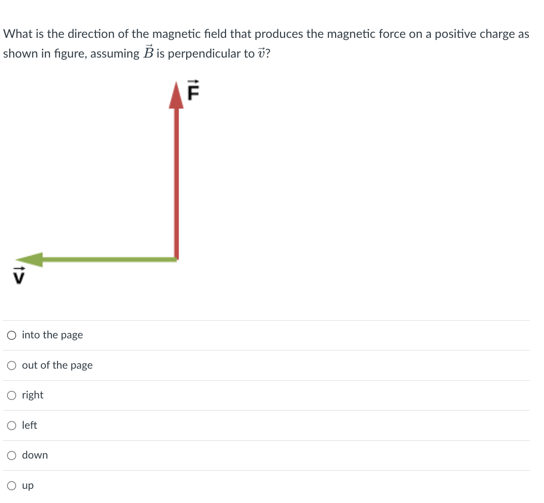 What is the direction of the magnetic field that produces the magnetic force on a positive charge as
shown in figure, assuming B is perpendicular to v?
v
O into the page
out of the page
○ right
○ left
○
о
down
up
F