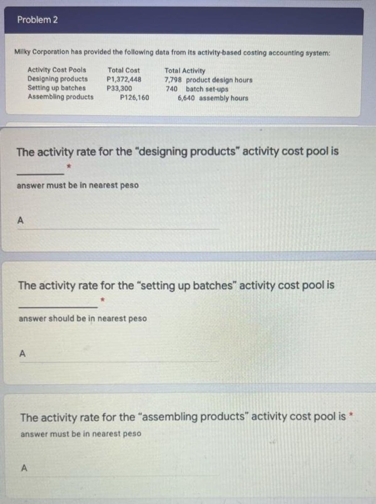 Problem 2
Milky Corporation has provided the following data from its activity-based costing accounting system:
Activity Cost Pools
Designing products
Setting up batches
Assembling products
Total Cost
P1,372,448
P33,300
P126,160
Total Activity
7,798 product design hours
740 batch set-ups
6,640 assembly hours
The activity rate for the "designing products" activity cost pool is
answer must be in nearest peso
A
The activity rate for the "setting up batches" activity cost pool is
answer should be in nearest peso
A
The activity rate for the "assembling products" activity cost pool is
answer must be in nearest peso
A
