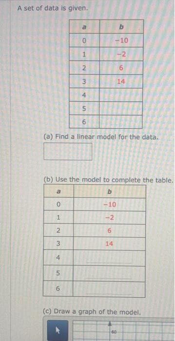 A set of data is given.
a
0
b
-10
-2
6
14
6
(a) Find a linear model for the data.
(b) Use the model to complete the table.
a
b
0
-10
1
-2
6
14
4
5
6
(c) Draw a graph of the model.
60
2
لیا
H
N
3
4
5