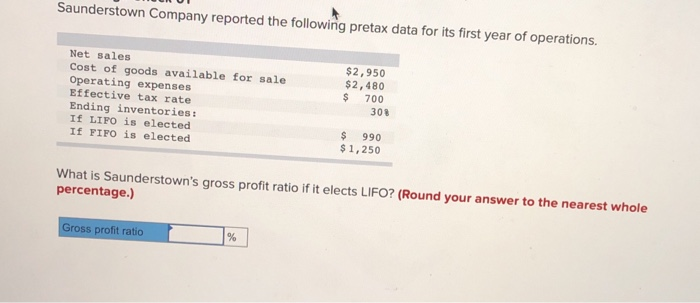 Saunderstown Company reported the following pretax data for its first year of operations.
Net sales
Cost of goods available for sale
Operating expenses
Effective tax rate
Ending inventories:
If LIFO is elected
If FIFO is elected
Gross profit ratio
$2,950
$2,480
$ 700
%
30%
What is Saunderstown's gross profit ratio if it elects LIFO? (Round your answer to the nearest whole
percentage.)
990
$
$1,250