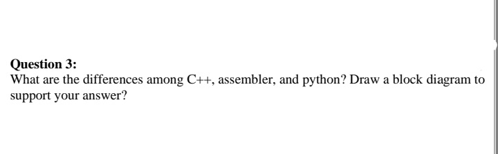 Question 3:
What are the differences among C++, assembler, and python? Draw a block diagram to
support your answer?
