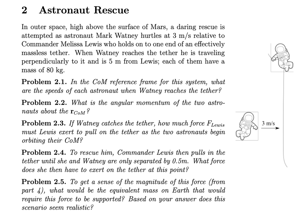 2
Astronaut Rescue
In outer space, high above the surface of Mars, a daring rescue is
attempted as astronaut Mark Watney hurtles at 3 m/s relative to
Commander Melissa Lewis who holds on to one end of an effectively
massless tether. When Watney reaches the tether he is traveling
perpendicularly to it and is 5 m from Lewis; each of them have a
mass of 80 kg.
Problem 2.1. In the CoM reference frame for this system, what
are the speeds of each astronaut when Watney reaches the tether?
Problem 2.2. What is the angular momentum of the two astro-
nauts about the rcom?
Problem 2.3. If Watney catches the tether, how much force FLewis
must Lewis exert to pull on the tether as the two astronauts begin
orbiting their CoM?
Problem 2.4. To rescue him, Commander Lewis then pulls in the
tether until she and Watney are only separated by 0.5m. What force
does she then have to exert on the tether at this point?
Problem 2.5. To get a sense of the magnitude of this force (from
part 4), what would be the equivalent mass on Earth that would
require this force to be supported? Based on your answer does this
scenario seem realistic?
3 m/s